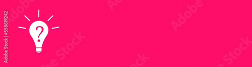 White light bulb with shadow on pink background. Illustration of symbol of lack of idea. Question mark. Banner for insertion into site. Horizontal image. 3D image. 3D rendering.