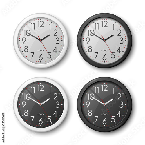 Vector 3d Realistic White, Black, Round Wall Office Clock Icon Set, Design Template Isolated. Dial, Mock-up of Wall Clock for Branding and Advertise Isolated. Clock Face Design