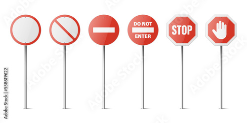 Vector White and Red Glossy Prohibition Stop Signs - Warning, Danger Sign Frame Icon Set Isolated. Dangerous Plates Collection. Design Template of Road Sign