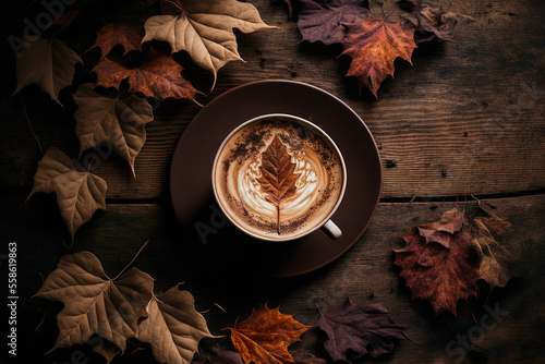 Autumn leaves and cappuccino on a wooden backdrop Cozy autumnal music anime style side view, copy space. Generative AI