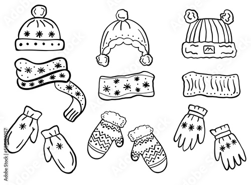 Set of winter hats, scarf, mittens sketches isolated on white background. Vector illustration. Coloring book
