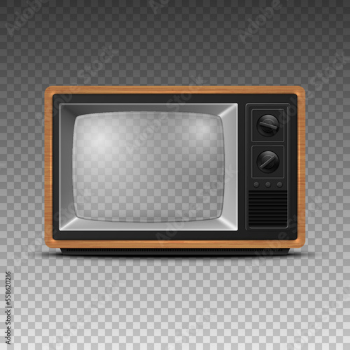 Vector 3d Realistic Brown Wooden Retro TV Receiver with Transparent Screen Isolated. Home Interior Design Concept. Vintage TV Set, Television, Front View