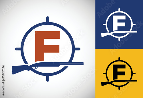 Initial alphabet F with gun and target sign. Inspiration hunting club logo vector. Hunting logo