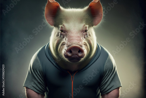 Portrait of a fitness athlete pig wearing sportswear, generative ai photo