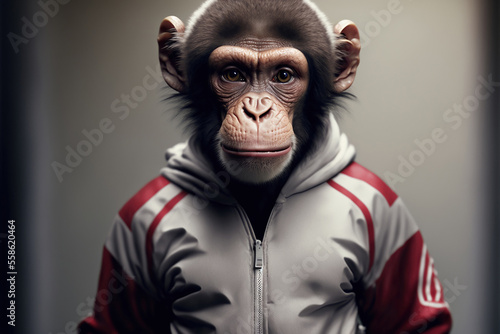 Foto Portrait of a fitness athlete chimpanzee wearing sportswear, generative ai