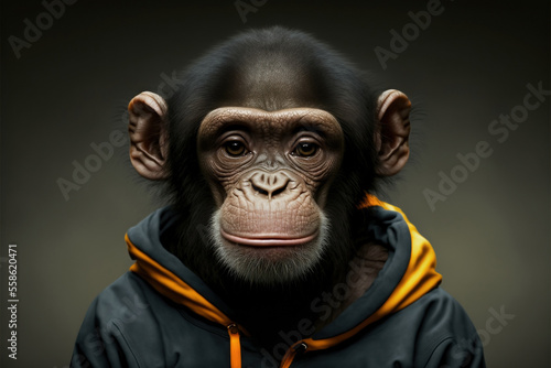 Photo Portrait of a fitness athlete chimpanzee wearing sportswear, generative ai