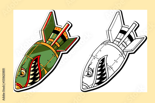 Illustration sticker of a rocket shark traditional tattoo