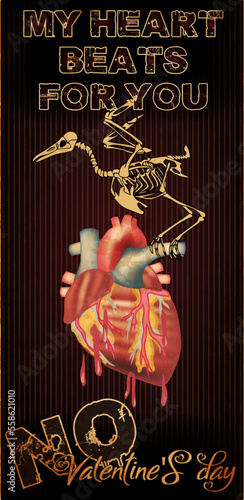 My heart beats for you. Anti Valentines day card, raven skeleton and heart with blood . vector illustration