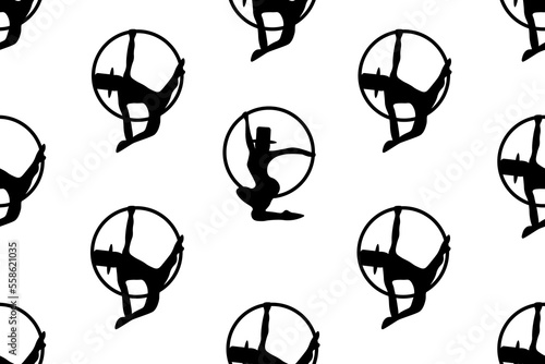 Seamless black and white pattern with aerial gymnasts in different beautiful poses. Website banner for gym. Opening of the circus season concept.
