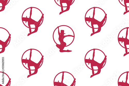Seamless viva magenta pattern with aerial gymnasts in different beautiful poses. Website banner for gym. Opening of the circus season concept.