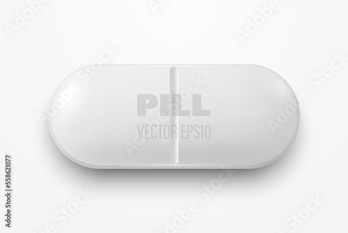 Vector 3d Realistic White Oval Horizontal Pharmaceutical Medical Pill, Capsule, Tablet Icon Closeup Isolated on White Background. Top View. Medical Concept