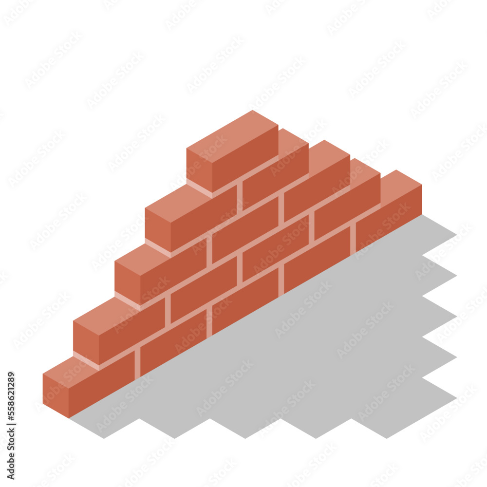 Brick wall isometric design. Brown red bricks wall. Old stone surface. Vector illustration 3d design. Grunge template.