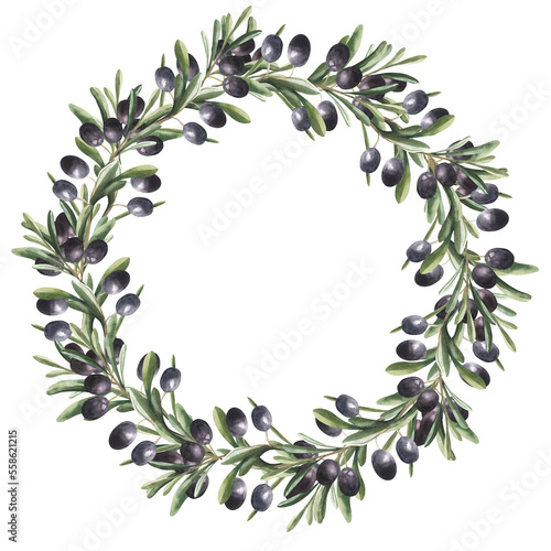 Watercolor wreath with black olive berries and leaves. Hand painted floral border with olive fruit and tree branches with leaves isolatedon white background. For design, print and fabric