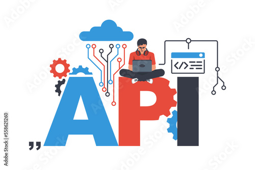 API concept. API as a symbol of the finished code. A professional programmer with a laptop is working on a program. Vector illustration flat design. Isolated on white background.