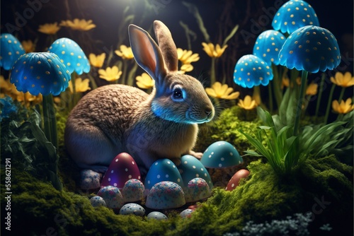 Easter bunny, basket and eggs created with generative AI technology. High quality illustration
