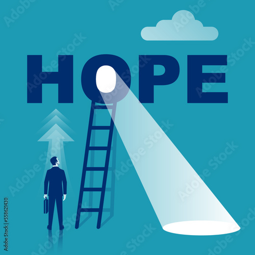 Hope concept. The businessman looks up with hope. Stairway up. Light of future. Striving for growth and inspiration. Motivational template for web. New opportunity. Vector illustration flat design.