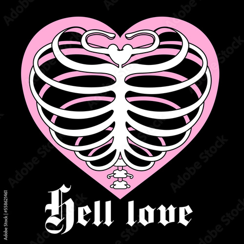 Y2k emo goth aesthetic print with heart shaped ribs and slogan: hell love. Vintage pink graphic isolated on black. Glam graphic Vector icon. Glamour gothic weird 2000s style.