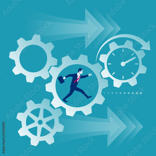 Time management, control. Vector illustration flat design. Isolated on background. Businessman run along gear in form of clock. Organization of process.