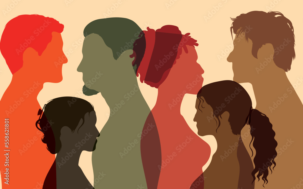 The concept of teamwork or community. Diverse populations and multiracial societies. A profile of an abstract portrait of a diverse group of people. People of different ethnicities and cultures. 