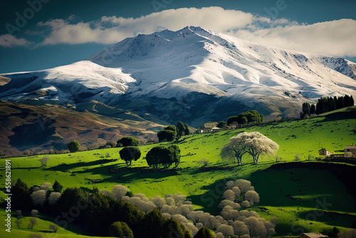 Amazing picture of the snow covered Penalara Mountain in Spain on a beautiful day. Generative AI photo