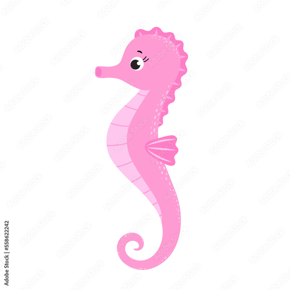 Cute seahorse. Cartoon underwater world character. Marine life. Inhabitant of the sea. Hippocampus. Female. Vector illustration. Cute seahorse. Cartoon underwater world character. Marine life. Inhabitant of the sea. Hippocampus. Female. Vector illustration.