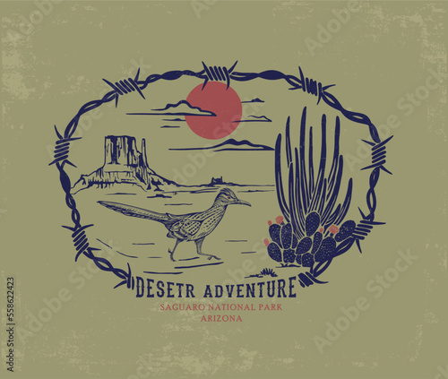 western desert design, road runner bird vector, cactus desert landscape