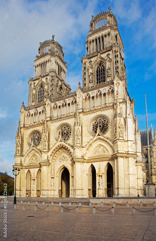 Facade of the historic Orleans 'Sainte-Croix Cathedral' in Orleans nestled in the Loire Valley at sunset