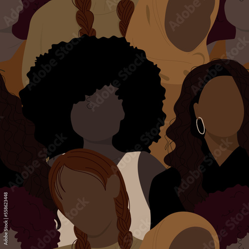 Many women african american ethnicity. Seamless pattern with women faces. Vector illustration