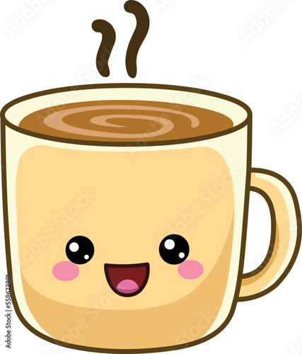 Happy hot coffee mug in a kawaii style