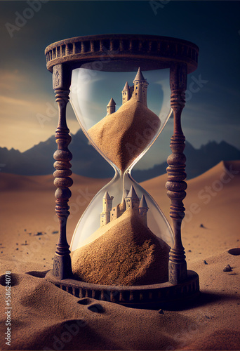 Sand running through the bulbs of an hourglass measuring the passing time in a countdown. Generative Ai Art. Desert on background.