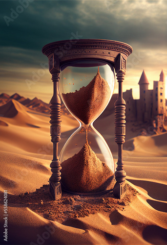 Sand running through the bulbs of an hourglass measuring the passing time in a countdown. Generative Ai Art. Desert with old city on background.
