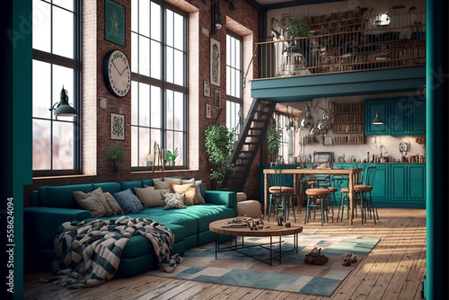 Industrial loft living room interior with sofa,chair and brick wall 