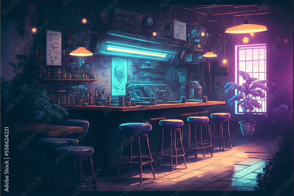Misty cyberpunk colorful pub interior illustration 