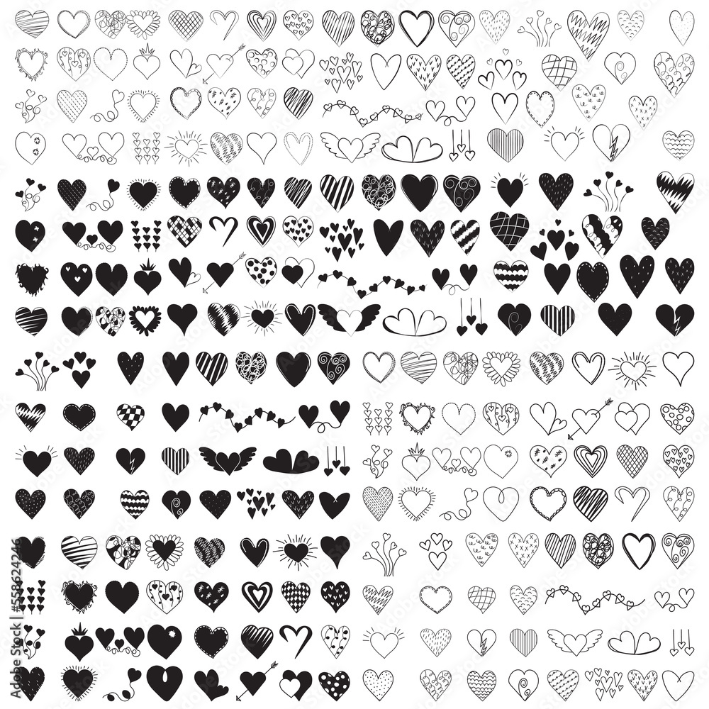 big set of heart doodle sketch ,contour on white background isolated vector