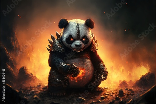 evil bad panda on fire illustration generative ai