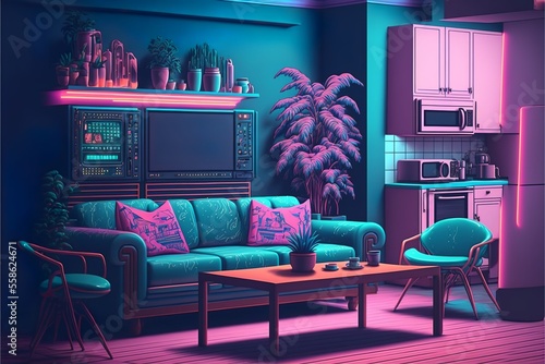 Synthwave 80's vibes apartment interior illustration