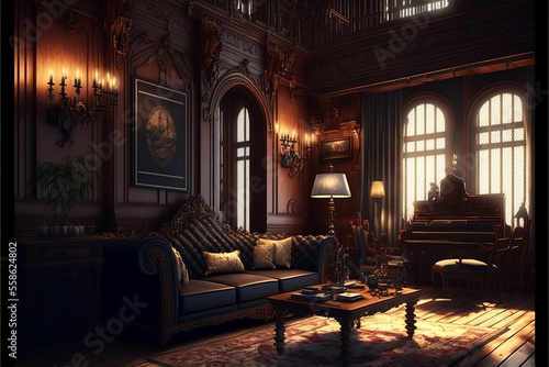 Gothic victorian style mansion interior with wooden designed wall