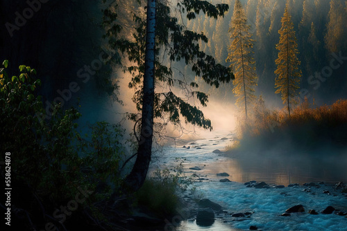 In the morning at dawn, there is a river with rapids in the fog in the forest. Generative AI