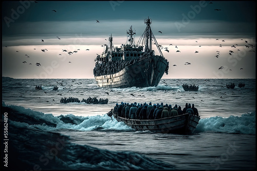 Fototapeta migrants on boat in mediterranean sea dramatic scene illustration generative ai