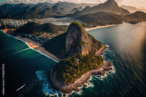 Rio de Janeiro, Brazil Aerial Picture of Barra da Tijuca and Pedra da Gavea Hill. Generative AI photo