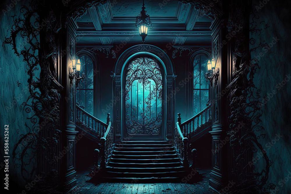 Wallpaper for the nighttime inside a haunted mansion with a Halloween theme. Generative AI - obrazy, fototapety, plakaty 