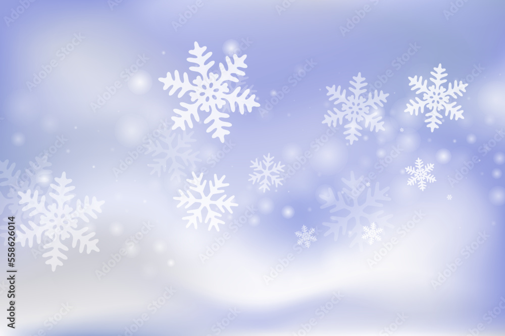 Magic falling snowflakes composition. Winter fleck freeze granules. Snowfall sky white blue background. Bokeh snowflakes december theme. Snow nature landscape.