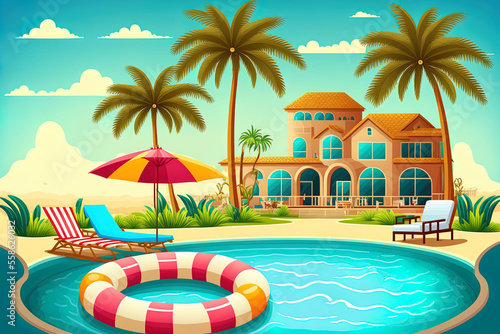 a luxurious resort hotel with a pool. Tropical environment with structure  palm trees  loungers  umbrellas by the pool  inflatable ring  raft  and ball in the water is shown in this cartoon