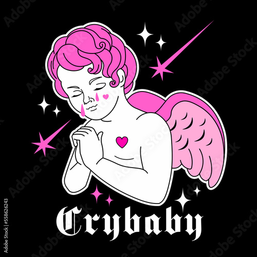Tablou pe pânză Crybaby angel, y2k glamour sticker with gothic slogan