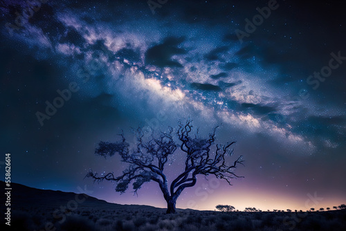 long exposure shot of a tree silhouette with a cloud and the milky way. Generative AI