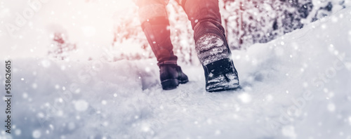 Woman walking in the snowy forest in winterin snowfall.