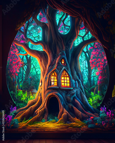 Fairytale fantasy forest with house inside a big tree, ai illustration