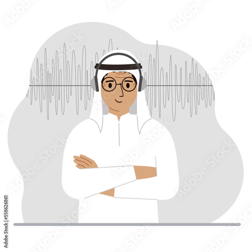 Muslim man in headphones and a sound track. Concept of online podcast, radio, online books, online learning and music.