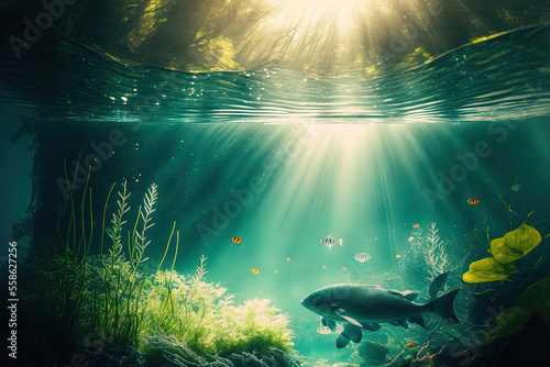 River underwater scene with sun rays  abstract underwater scene  and new ecology. Generative AI