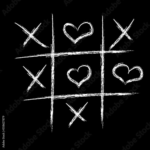 
Tic-tac-toe game drawn with white chalk on a black background. instead of zeros, hearts are drawn in honor of valentine's day